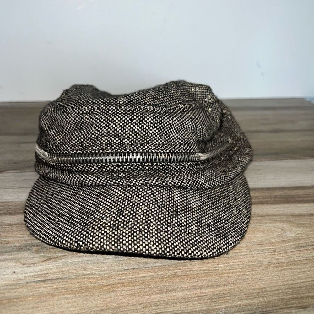 SDH Tweed Hat Womens Zipper Wool Tan Black Gold Cabby StreetWear Rocket Y2K